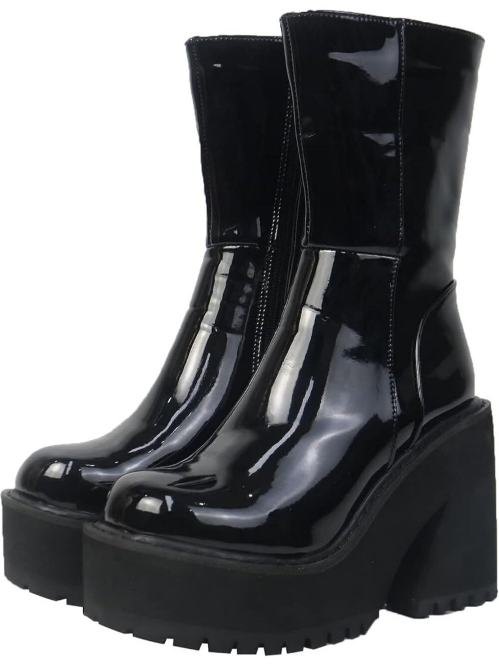 Womens Black Rubber Wedge Heel Platform Mid Calf Zipper Round Toe Ankle Boots
